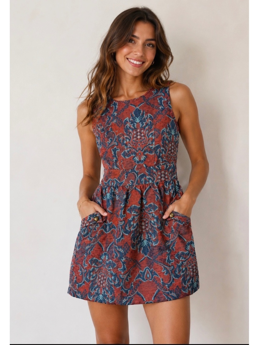 Tulle Anthropologie Orange and blue Damask Jacquard Mini Dress Women’s Size S